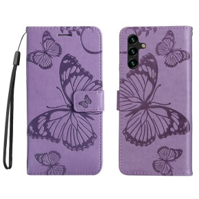 Луксозен кожен калъф тефтер с клипс и стойка Flexi с гравирани пеперуди и цветя за Samsung Galaxy A34 5G SM-A346B лилав