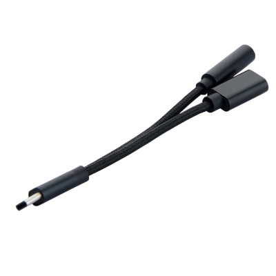 Добави още лукс USB кабели Сплитер адаптер 2 в 1 мъжки Type-C към женски Type-C за зареждане и стерео AUX 3.5 mm порт черен