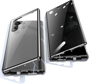 Луксозен алуминиев бъмпър от 2 части с магнити и стъклен протектор лице и гръб оригинален Magnetic Hardware Case за Samsung Galaxy S23 Ultra 5G SM-S918B черен 