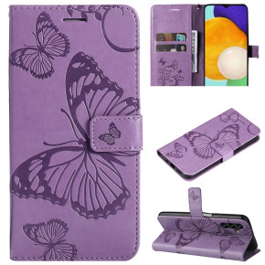 Луксозен кожен калъф тефтер с клипс и стойка Flexi с гравирани пеперуди и цветя за Samsung Galaxy A54 5G SM-A546U лилав