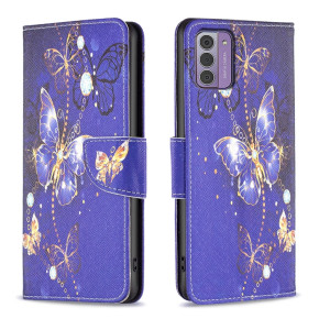 Луксозен кожен калъф тефтер стойка и клипс за Nokia G42 5G син с нощна пеперуда 