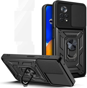 Луксозен силиконов гръб с твърда част Hybrid Anti-Fall с метална ринг стойка и протекция на камерата за Xiaomi Poco X4 Pro 5G черен