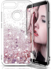 Луксозен силиконов гръб ТПУ FASHION с течност и розов брокат за Huawei P Smart FIG-LX1 прозрачен 