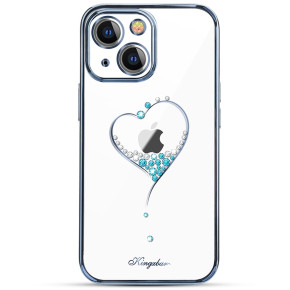 Луксозен твърд гръб оригинален KINGXBAR кристално прозрачен с камъни за Apple iPhone 13 6.1 сърце със син кант 