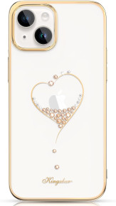 Луксозен твърд гръб оригинален KINGXBAR кристално прозрачен с камъни за Apple iPhone 14 Plus 6.7 сърце със златен кант 