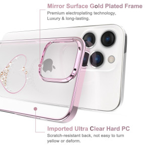 Луксозен твърд гръб оригинален KINGXBAR кристално прозрачен с камъни за Apple iPhone 14 Plus 6.7 сърце със златисто розов кант / rose gold