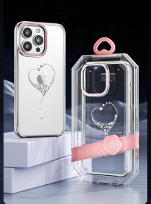 Луксозен твърд гръб оригинален KINGXBAR кристално прозрачен с камъни за Apple iPhone 15 Plus 6.7 сърце със сребрист кант 