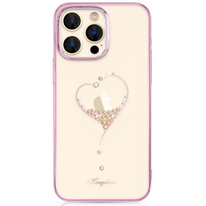 Луксозен твърд гръб оригинален KINGXBAR кристално прозрачен с камъни за Apple iPhone 15 Plus 6.7 сърце със златисто розов кант / rose gold