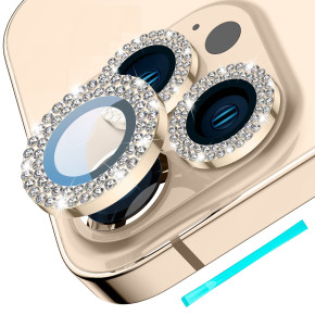 Модерни стъклени ринг протектори за обективите на камерата на Apple iPhone 14 Pro Max 6.7 / Apple iPhone 14 Pro 6.1 златисти с камъни