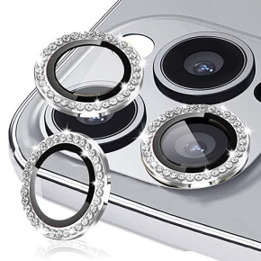 Модерни стъклени ринг протектори за обективите на камерата на Apple iPhone 14 Pro 6.1 / Apple iPhone 14 Pro Max 6.7 сребърни с камъни 