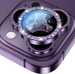 Модерни стъклени ринг протектори за обективите на камерата на Apple iPhone 14 Pro 6.1 / Apple iPhone 14 Pro Max 6.7 лилави с камъни 
