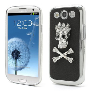 Твърд предпазен гръб за Samsung Galaxy S3 i9300 / S3 Neo I9301 сребърен череп и кости с брокат черен