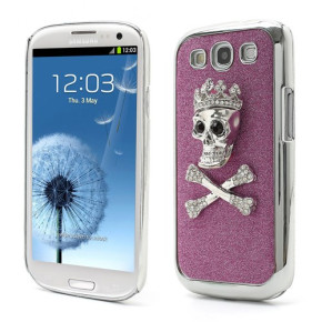 Твърд предпазен гръб за Samsung Galaxy S3 i9300 / S3 Neo I9301 сребърен череп и кости с лилав брокат