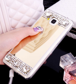 Луксозен силиконов гръб ТПУ ултратънък огледален с камъни за Samsung Galaxy J5 2016 J510F златист
