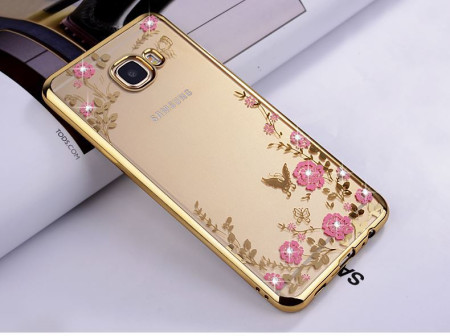 Силиконови гърбове Силиконови гърбове за Samsung Луксозен силиконов гръб ТПУ ултратънък с 3D камъни и златист кант за Samsung Galaxy A5 2017 A520F розови цветя 