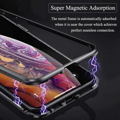 Твърди гърбове Твърди гърбове за Apple Iphone Луксозен алуминиев бъмпър от 2 части с магнити и стъклен протектор лице и гръб оригинален Magnetic Hardware Case за Apple IPhone 11 6.1 черен
