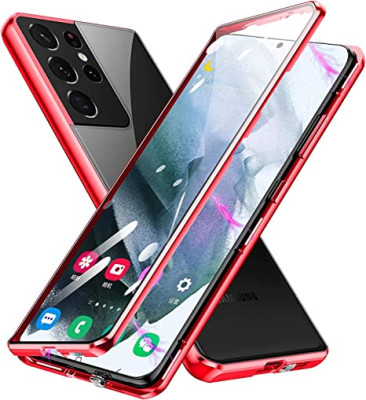   Луксозен алуминиев бъмпър от 2 части с магнити и стъклен протектор лице и гръб оригинален Magnetic Hardware Case за Samsung Galaxy S21 Ultra 5G SM-G998B червен