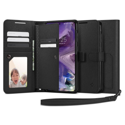   Луксозен кожен калъф тефтер портмоне с кайшка и слотове за карти Spigen Wallet S Plus за Samsung Galaxy S23 Plus SM-S916B черен 